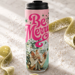 Be Merry Pink Scribble Holiday Tree Arched Photo Thermal Tumbler