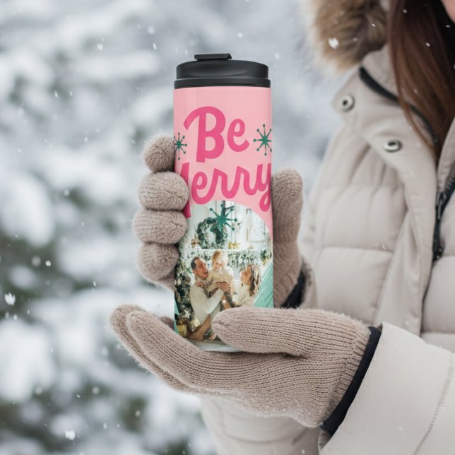 Be Merry Pink Scribble Holiday Tree Arched Photo Thermal Tumbler (Carry your hot holiday cocoa in this Be Merry Pink Scribble Holiday Tree Arched Photo Tumbler!)