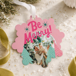 Be Merry Pink Scribble Tree Arched Photo Decoration Card