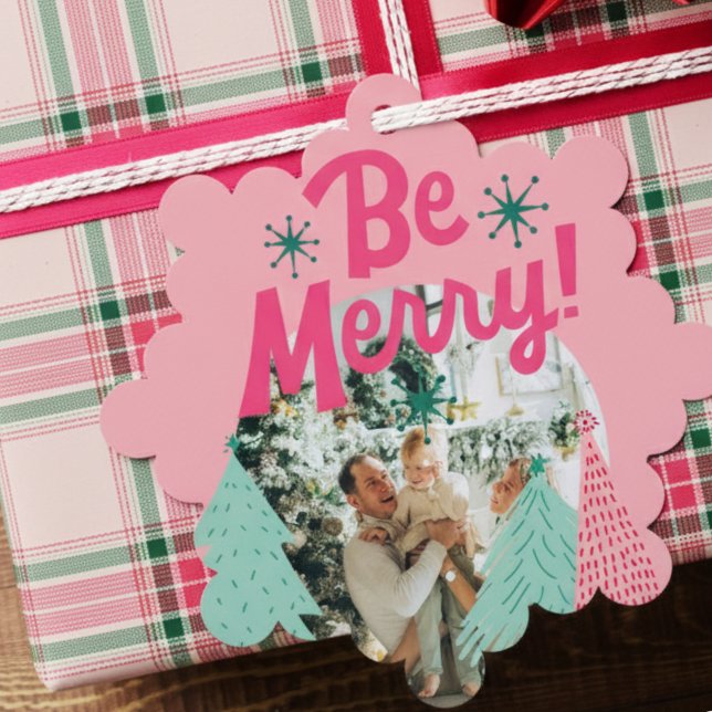 Be Merry Pink Scribble Tree Arched Photo Decoration Card (Send cheer with this bold and playful holiday ornament!)