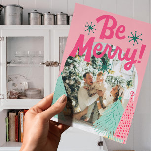 Be Merry Pink Scribble Tree Arched Photo  Holiday Card