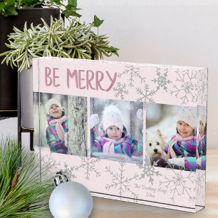 Be Merry Pink & Silver Snowflakes Holiday Collage Photo Block