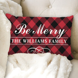 Be Merry Red Buffalo Plaid Family Monogram Lumbar Cushion