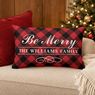 Be Merry Red Buffalo Plaid Family Monogram Lumbar Cushion