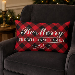 Be Merry Red Buffalo Plaid Family Monogram Lumbar Cushion