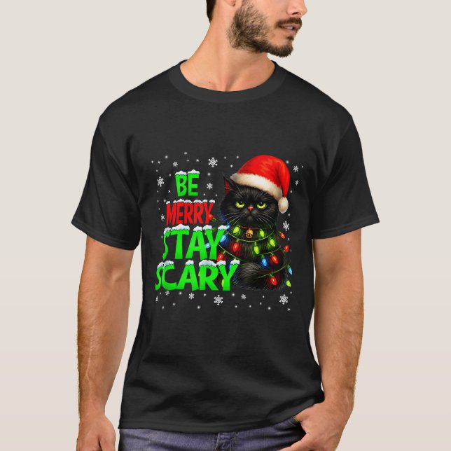 Be Merry Stay Y Black Cat Funny Halloween Christma T-Shirt (Front)