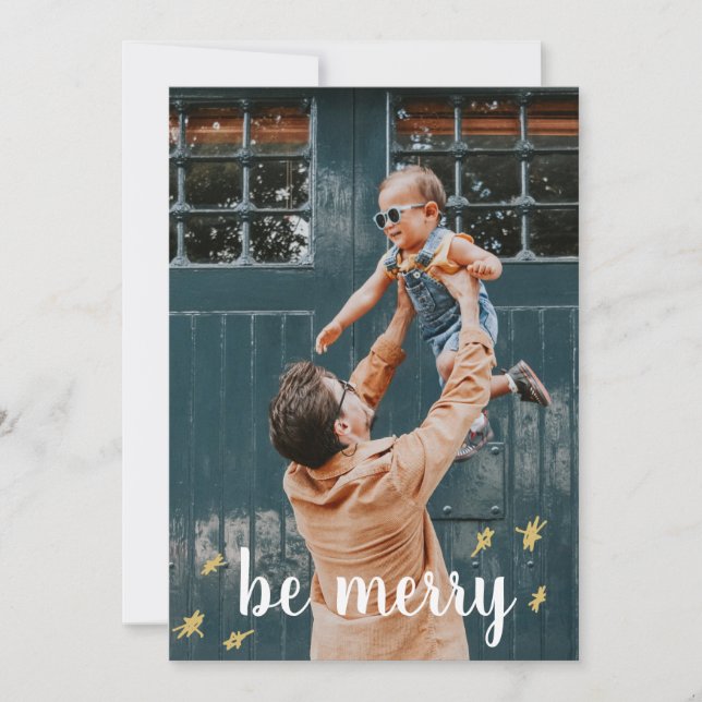 Be Merry Two Photo Gold Stars Family Holiday Card (Front)