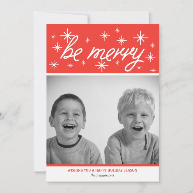 Be Merry Typography I Red and White Snowflakes Holiday Card (Front)