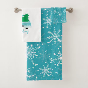  Be Merry! Vintage Truck and Snowflakes Aqua Bath Towel Set
