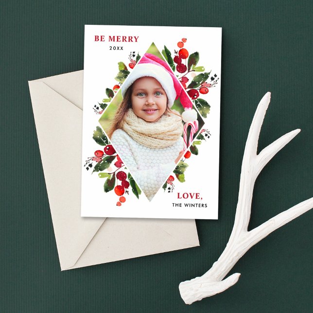 Be Merry Watercolor Holly Diamond Photo Holiday Card (Creator Uploaded)