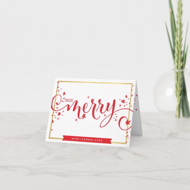 BE MERRY whimsical holiday greeting gold border Card (Front)