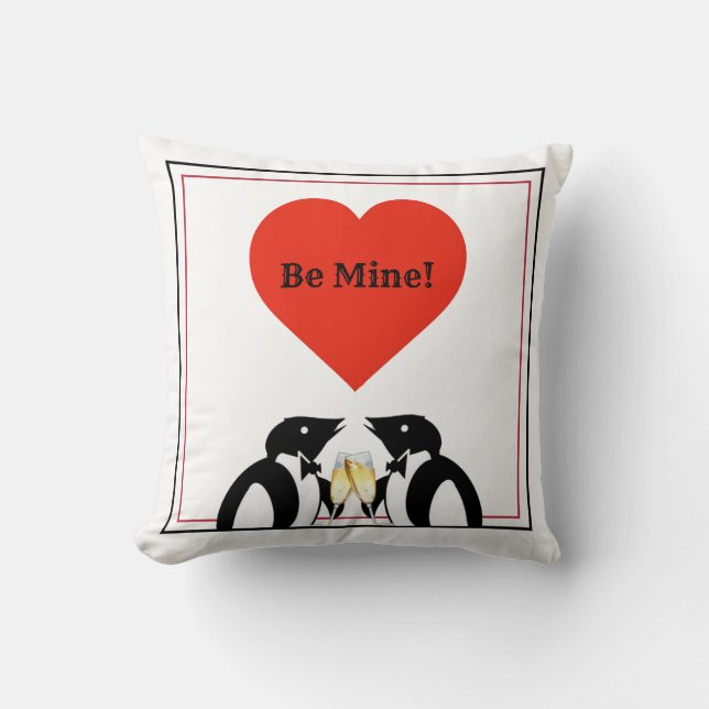 Be Mine, Champagne Penguins Throw Pillow (Front)