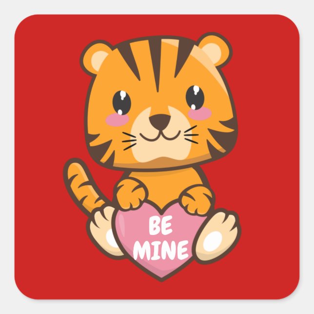 "Be Mine" Cute Valentine's Day Tiger Square Sticker (Front)
