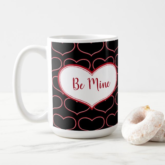 Be Mine Graphic Design Hearts Coffee Mug (With Donut)