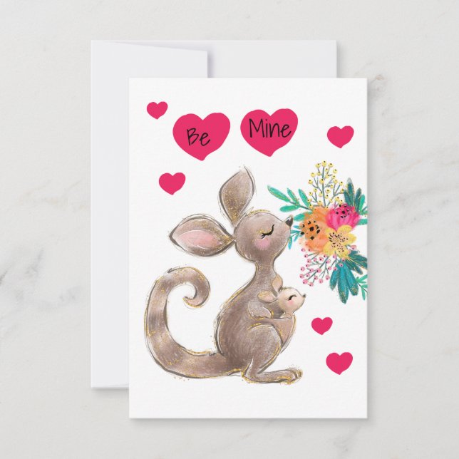 Be Mine Mum & Baby Kangaroo Child's Valentine Card (Front)