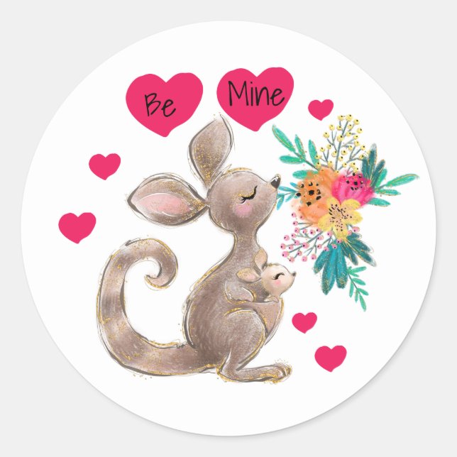 Be Mine Mum & Baby Kangaroo Sticker (Front)