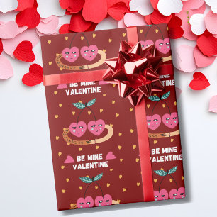 Be Mine Valentine, Cute Heart Cherries Hugging Wrapping Paper