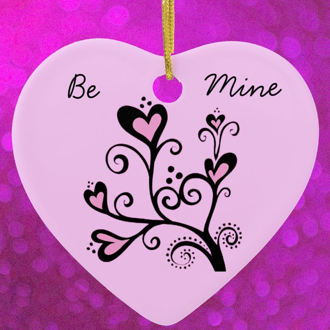 Be Mine Valentine Pink Heart Tree Ceramic Tree Decoration (Black branch with pink heart shaped flowers and swirls on Be mine pink heart shaped ornament.)