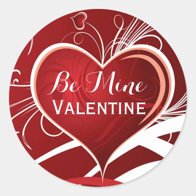 Be Mine Valentine Red Heart And White Swirls Classic Round Sticker (Front)