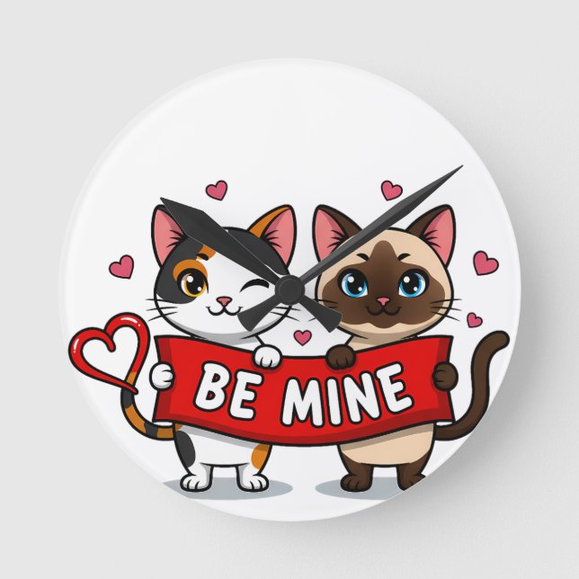 BE MINE Valentine's Cats | Cute Kittens with Love Round Clock (Front)