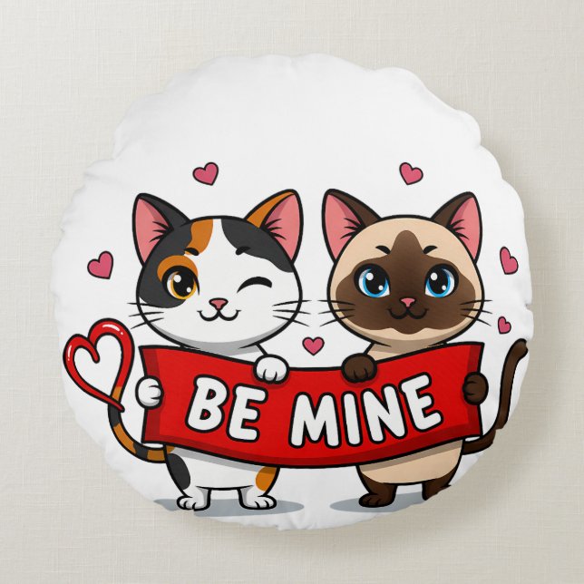 BE MINE Valentine's Cats | Cute Kittens with Love Round Cushion (Front)