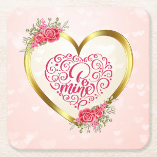 Be Mine" Vintage Text: Happy Valentine's Day Square Paper Coaster