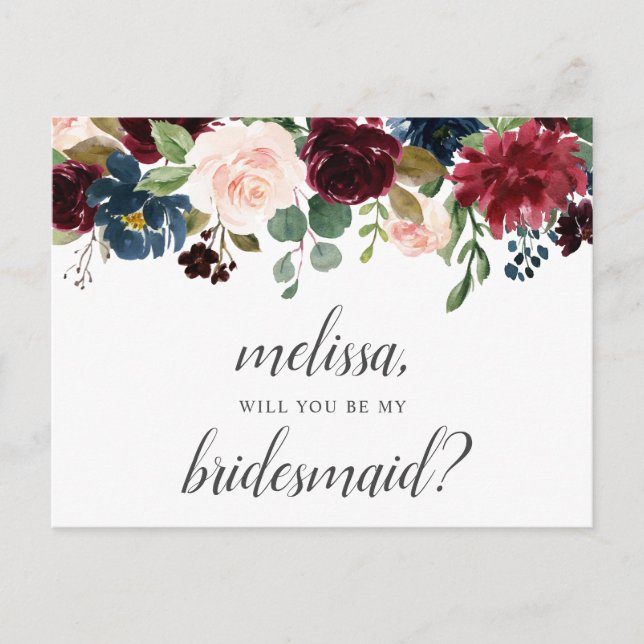 Be My Bridesmaid Burgundy Blue Flowers Invitation Postcard (Front)