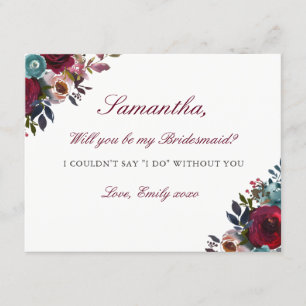 Be My Bridesmaid Card Burgundy Watercolor Floral