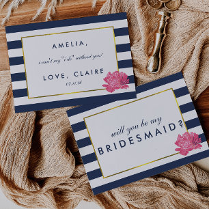 Be My Bridesmaid Card   Navy Stripe & Pink Peony