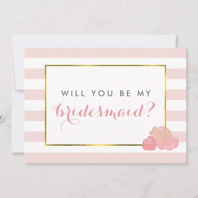Be My Bridesmaid Card | Pink Stripe & Blush Peony (Front)