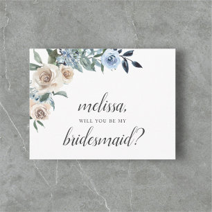 Be My Bridesmaid Dusty Blue Beige Flowers Boho Inv Invitation Postcard