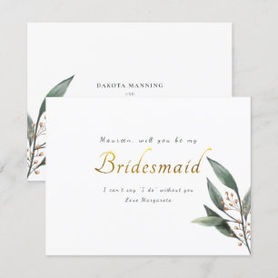 Be my bridesmaid eucalyptus leaf gold script invitation