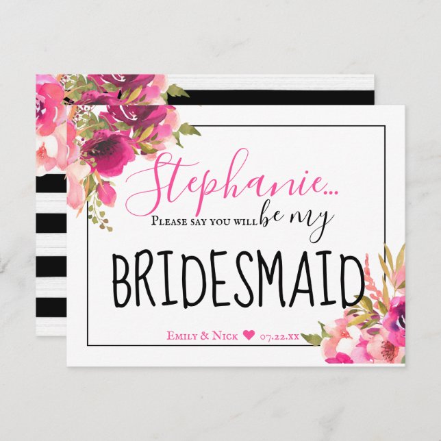 Be My Bridesmaid Hot Pink Floral and Black Invitation (Front/Back)