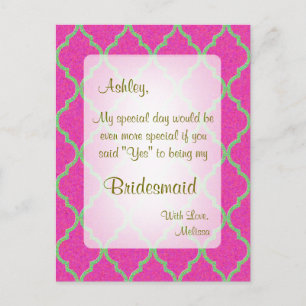 Be My Bridesmaid   Hot Pink Quatrefoil Postcard