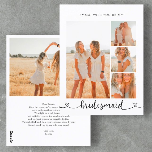 Be My Bridesmaid Photo Collage Heart Calligraphy Postcard (Creator Uploaded)