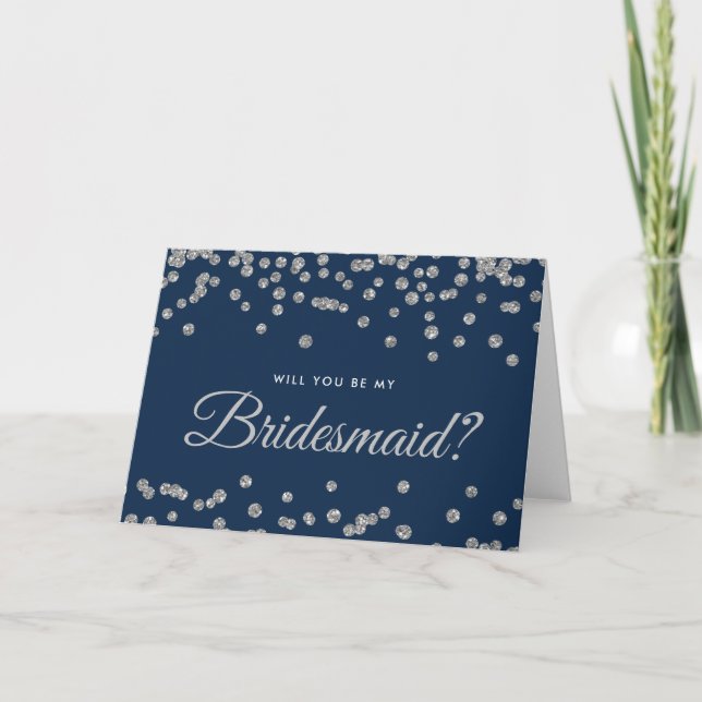 Be My Bridesmaid Silver Glitter Confetti Navy Blue Invitation (Front)
