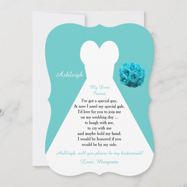 Be My Bridesmaid Wedding Dress on Aqua Invitation (Front)