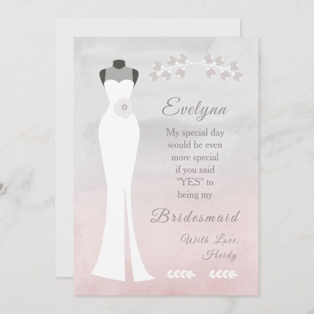 Be My Bridesmaid - White Bridal Gown on Pink Grey Card (Front/Back)