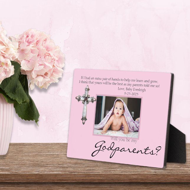 Be My Godparents Proposal Pink Memorial Photo Plaque (Creator Uploaded)