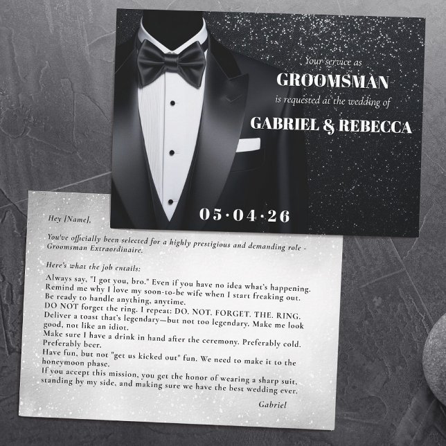 Be my groomsman request description black bow tie invitation (Creator Uploaded)