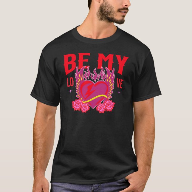 Be My Love Retro Cool Heart Rose Biker Valentine T-Shirt (Front)