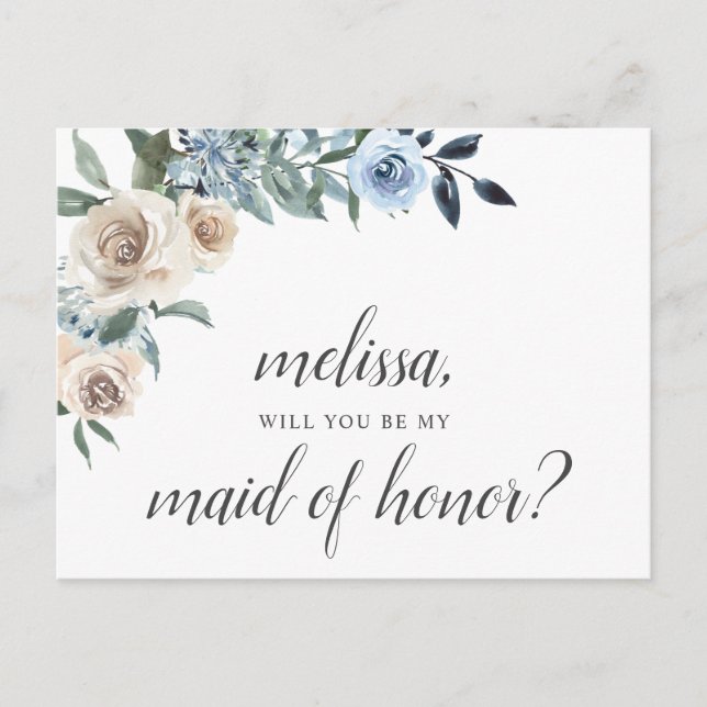Be My Maid Of Honour Dusty Blue Flowers Boho Invitation Postcard (Front)