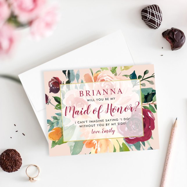 Be My Maid of Honour Rustic Burgundy Blush Wedding Invitation (Creator Uploaded)
