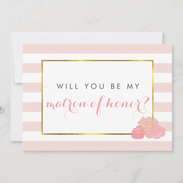Be My Matron of Honour Card Pink Stripe Blush Peon (Front)