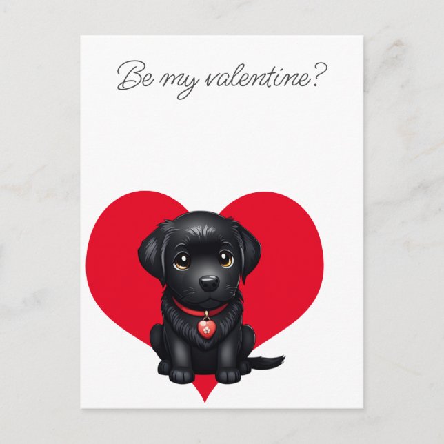 Be my valentine black labrador puppy red heart announcement postcard (Front)