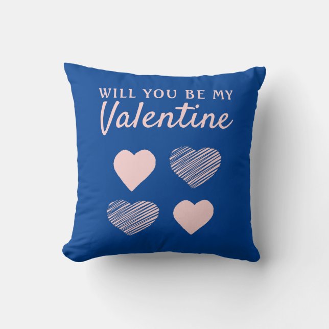 Be my Valentine Blue Pink Heart Valentine`s Day Cushion (Front)