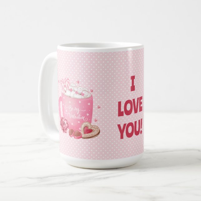 Be My Valentine Cocoa, Cookies, Sweets-Pink N Red Coffee Mug (Front Left)