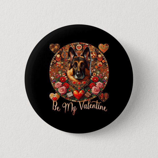 Be My Valentine Dog Flower Red Heart Day- German S 6 Cm Round Badge (Front)