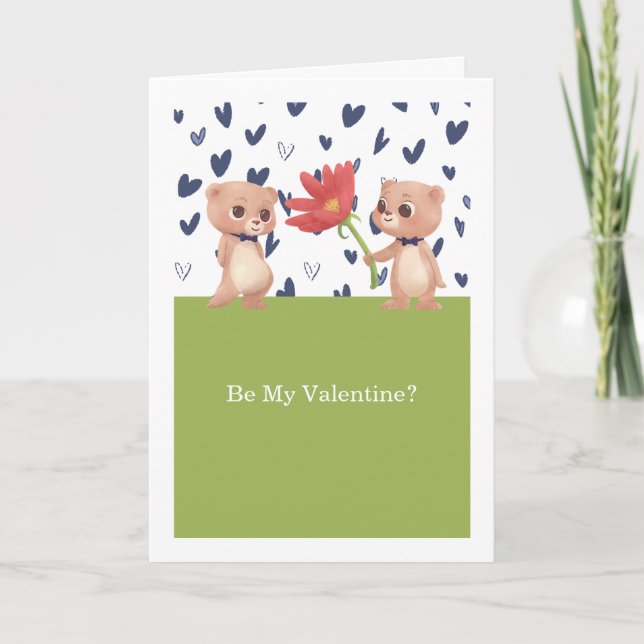 Be My Valentine Gay Teddy Bears With Flower Holiday Card (Front)