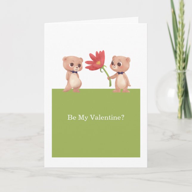 Be My Valentine Gay Teddy Bears With Flower Holiday Card (Front)